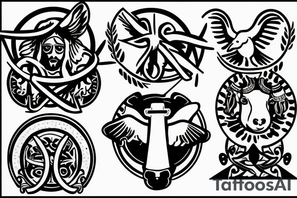 Jesus, sheep, dove, cross, crown tattoo idea