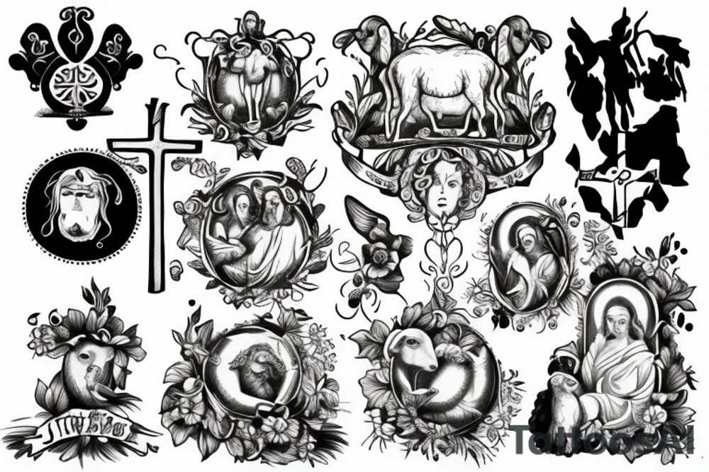 Jesus, sheep, dove, cross, crown tattoo idea