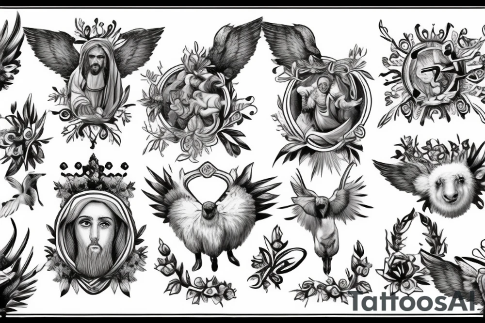 Jesus, sheep, dove, cross, crown tattoo idea