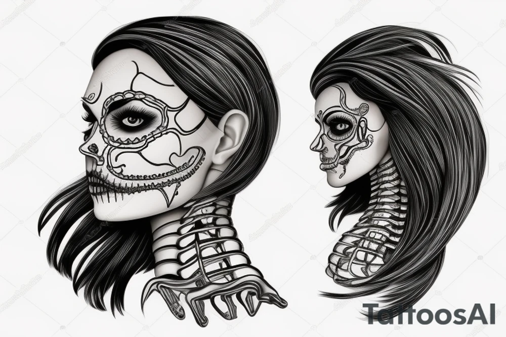 half girl half skeleton face tattoo idea