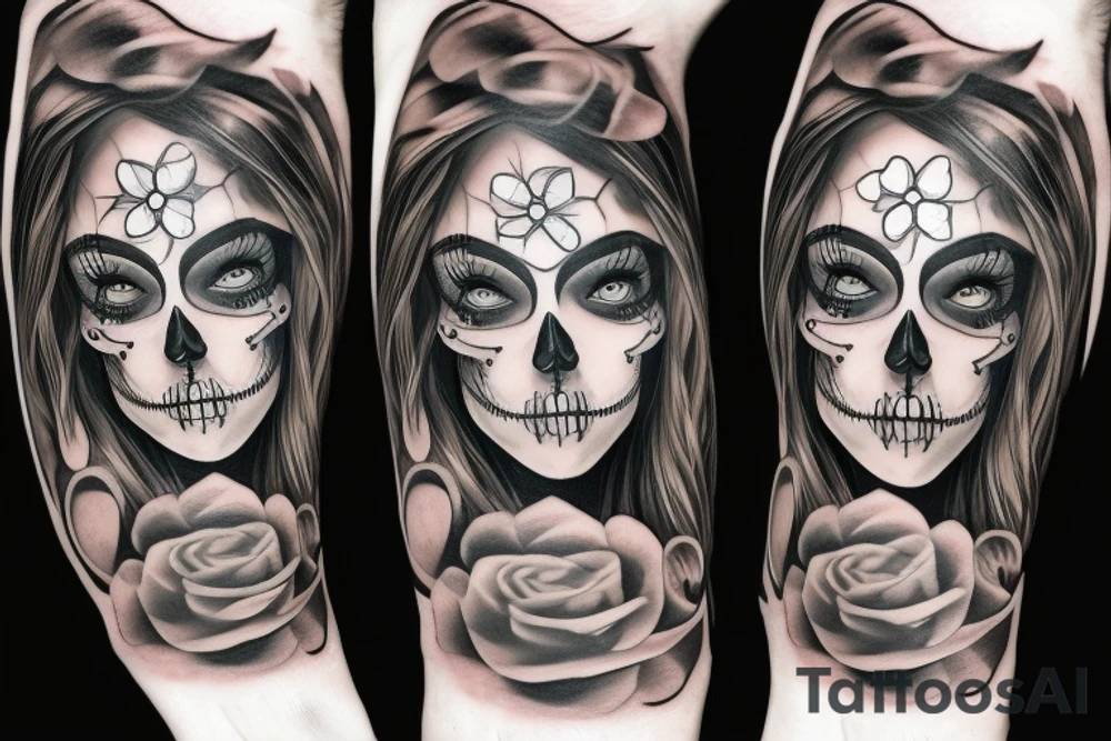 half girl half skeleton face tattoo idea