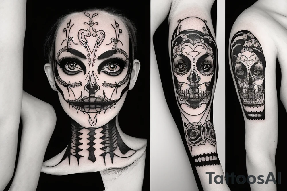half girl half skeleton face tattoo idea