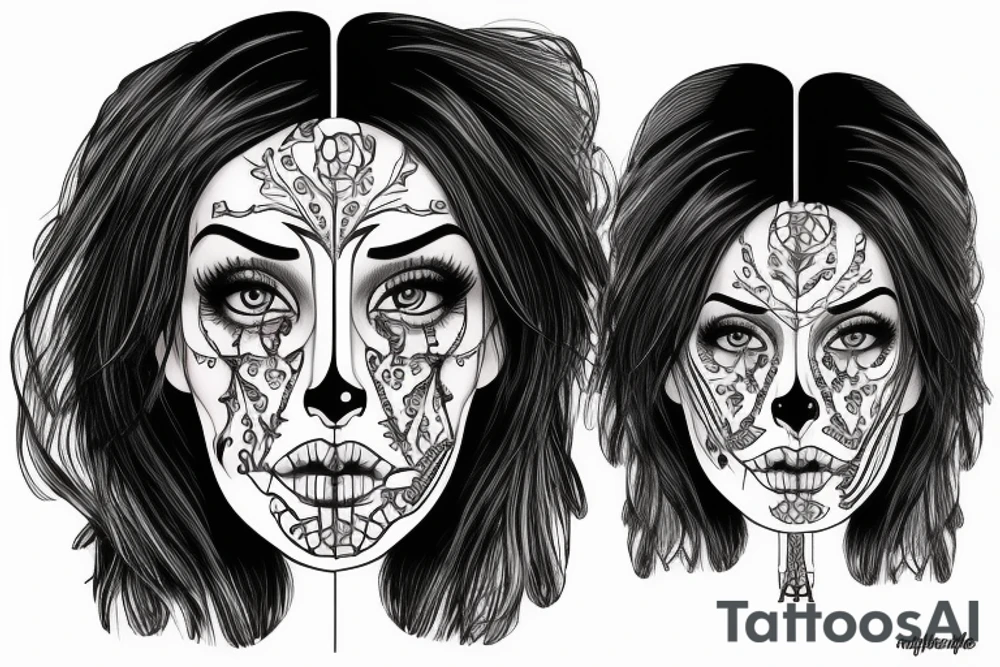 half girl half skeleton face tattoo idea