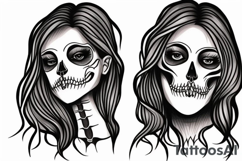 half girl half skeleton face tattoo idea