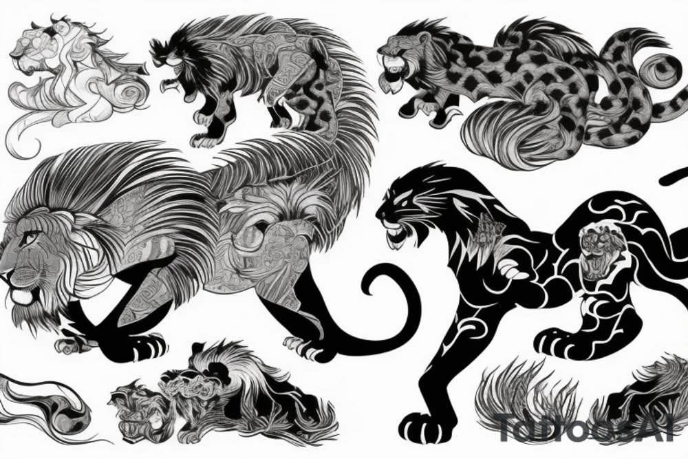 Lion qui crache du feu, son corps est formé avec les initiales C S E, D tattoo idea