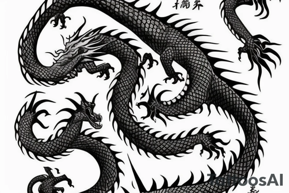 Dragon qui crache du feu, dans le corps du dragon il y a des motifs représentant les lettres C S E D tattoo idea