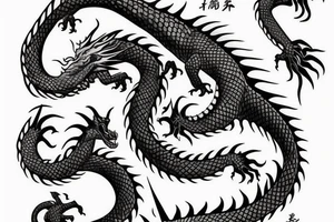 Dragon qui crache du feu, dans le corps du dragon il y a des motifs représentant les lettres C S E D tattoo idea