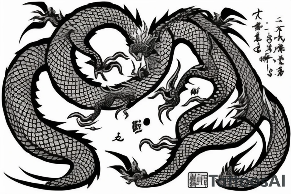 Dragon qui crache du feu, dans le corps du dragon il y a des motifs représentant les lettres C S E D tattoo idea