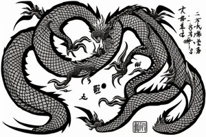 Dragon qui crache du feu, dans le corps du dragon il y a des motifs représentant les lettres C S E D tattoo idea