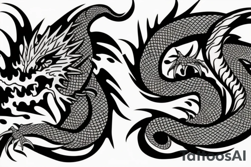 Dragon qui crache du feu, dans le corps du dragon il y a des motifs représentant les lettres C S E D tattoo idea