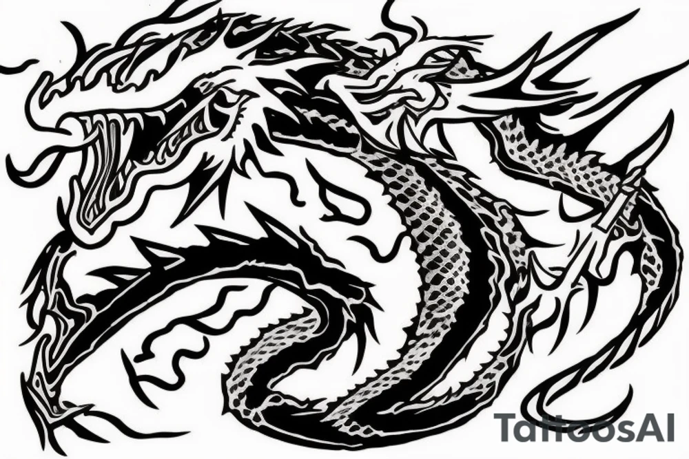 Dragon qui crache du feu, dans le corps du dragon il y a des motifs représentant les lettres C S E D tattoo idea