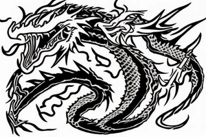 Dragon qui crache du feu, dans le corps du dragon il y a des motifs représentant les lettres C S E D tattoo idea
