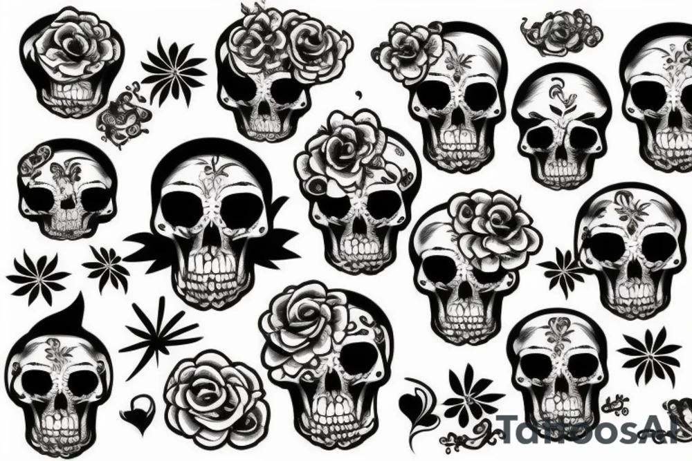 black skull with flowers and fire tattoo idea