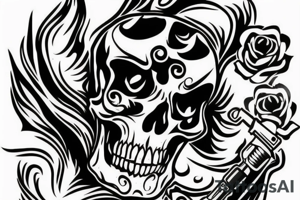 fire skull with a gun tattoo idea