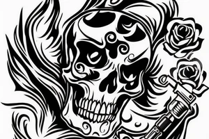 fire skull with a gun tattoo idea
