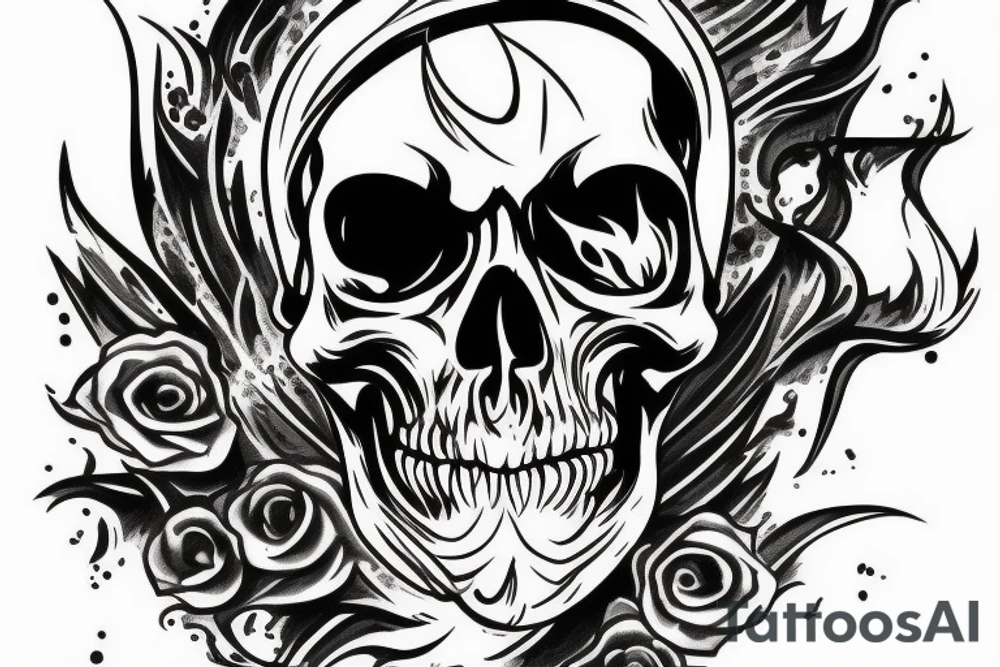 fire skull with a gun tattoo idea