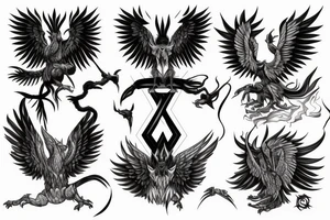 an imposing griffin surrounded by smoke and geometric patterns tattoo idea