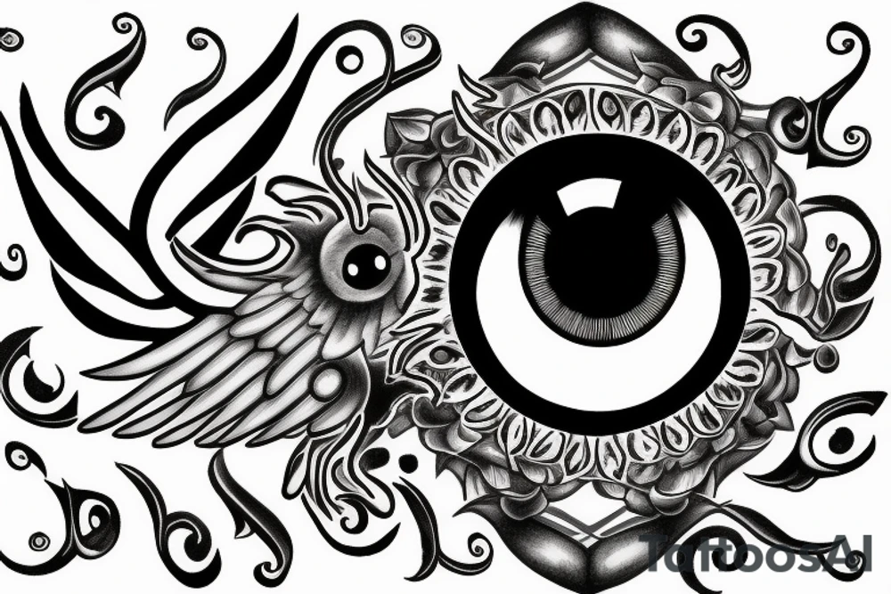 an eye with wings surronded by fire tattoo idea