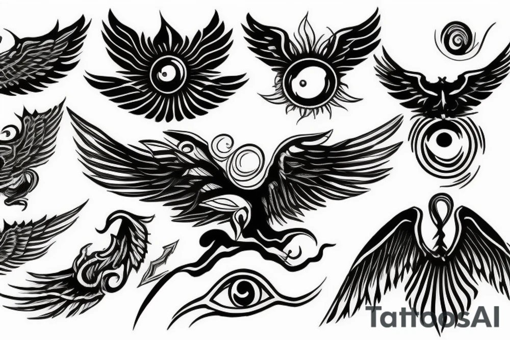 an eye with wings surronded by fire tattoo idea