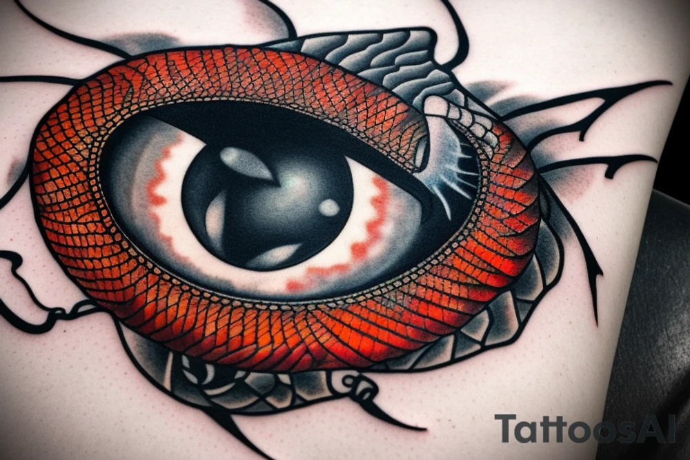Red dragon eye with scales and fire with a clock tattoo idea