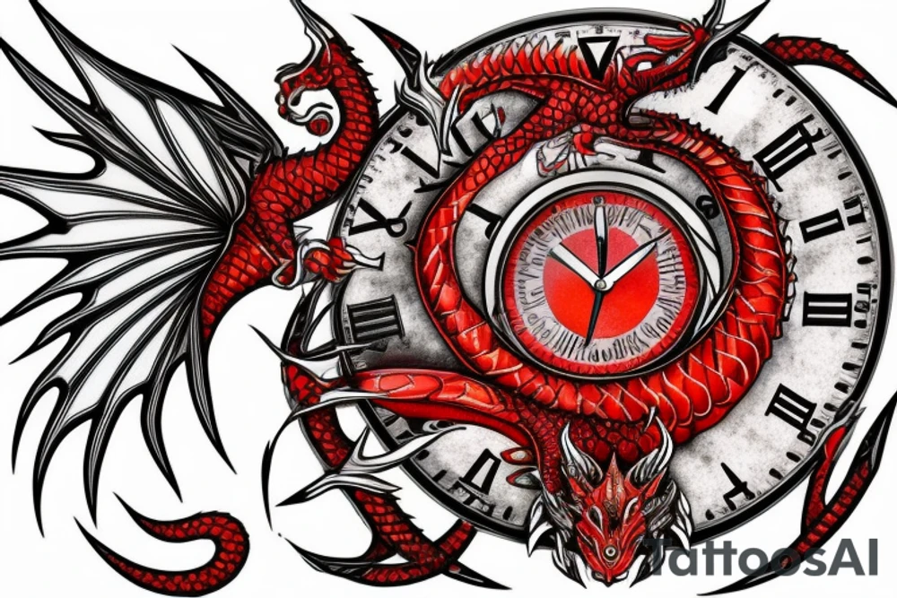 Red dragon eye with scales and fire with a clock tattoo idea