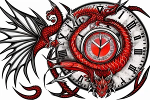 Red dragon eye with scales and fire with a clock tattoo idea