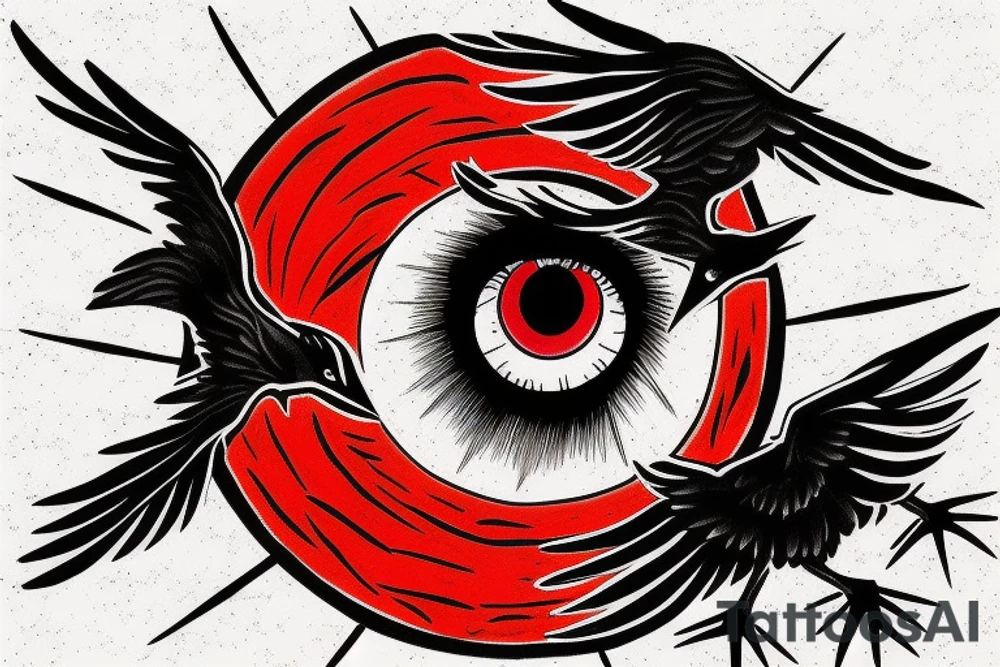 Red sharingan eye with crows around it tattoo idea