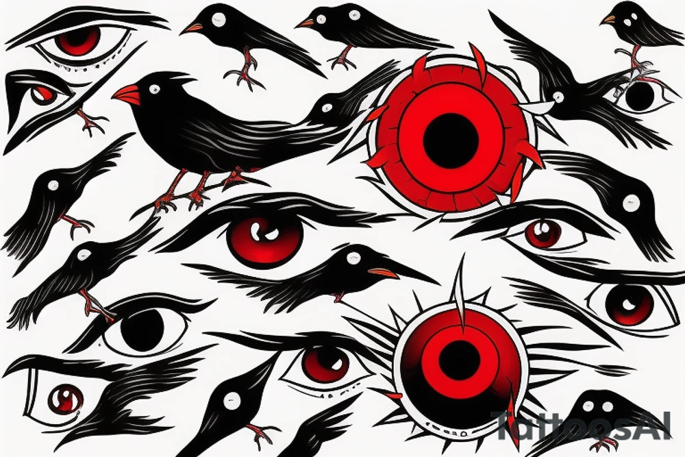 Red sharingan eye with crows around it tattoo idea