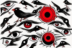 Red sharingan eye with crows around it tattoo idea