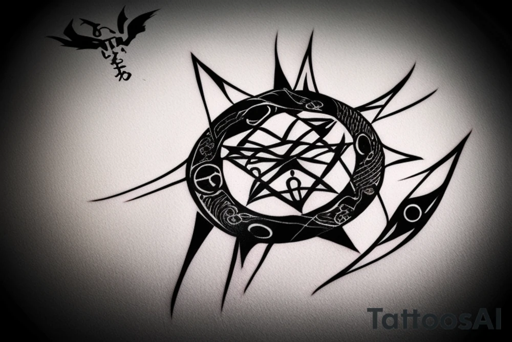 Uchiha symbol with black fire and crows around it tattoo idea