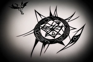 Uchiha symbol with black fire and crows around it tattoo idea