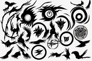 Uchiha symbol with black fire and crows around it tattoo idea