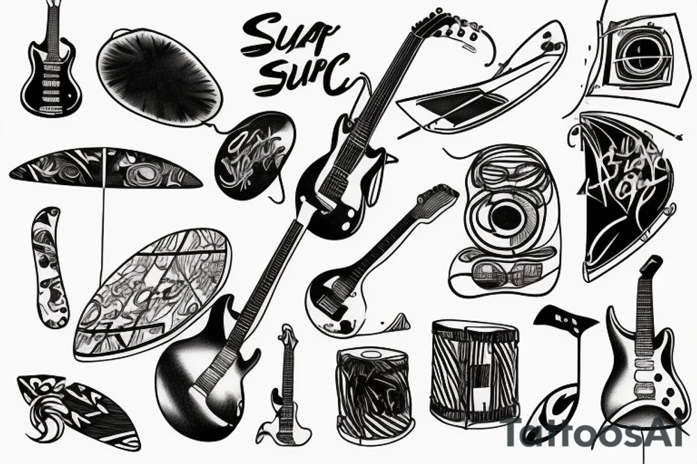 Surf and music/guitar/drums tattoo idea