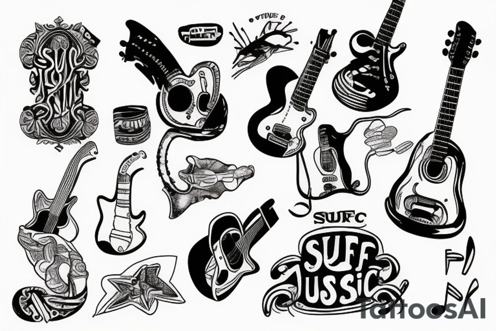 Surf and music/guitar/drums tattoo idea