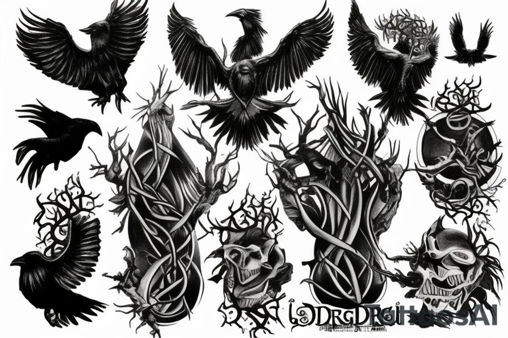 Yggdrasil surrounded by uriboros and two crows tattoo idea