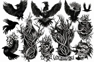 Yggdrasil surrounded by uriboros and two crows tattoo idea