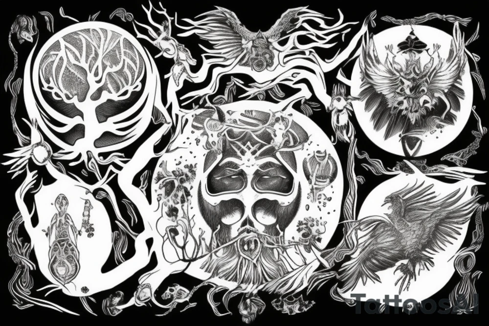 Yggdrasil surrounded by uriboros and two crows tattoo idea