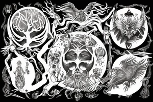 Yggdrasil surrounded by uriboros and two crows tattoo idea