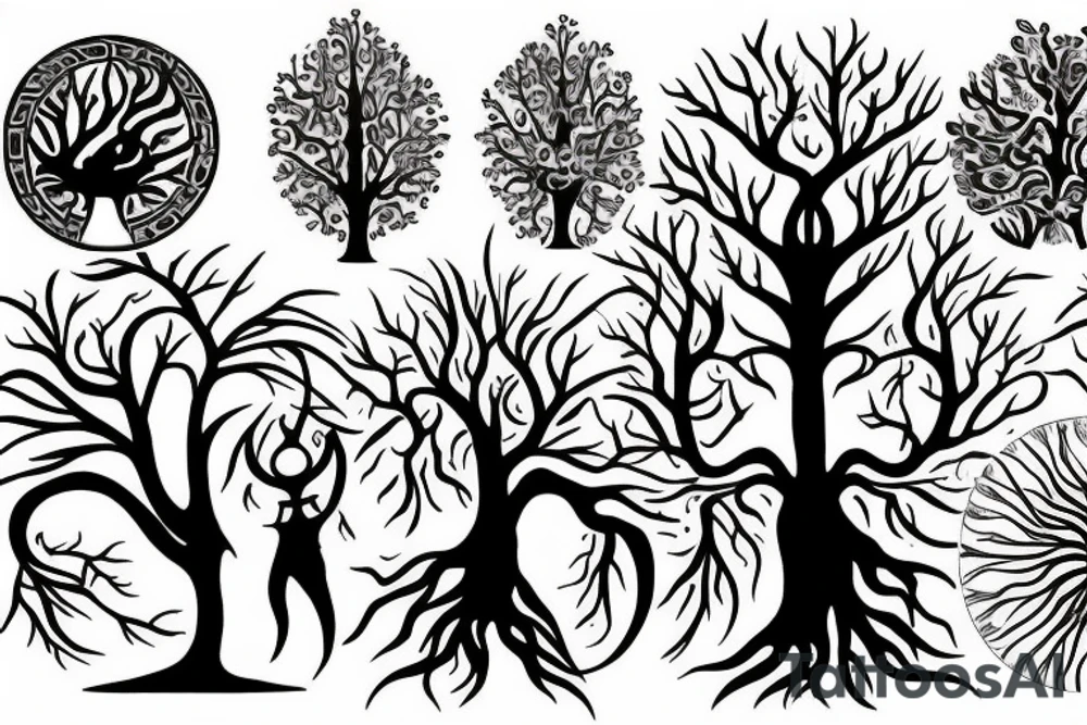 Tree of life surrounded by uroboros and two crows tattoo idea