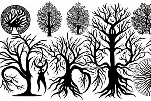 Tree of life surrounded by uroboros and two crows tattoo idea