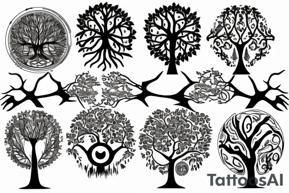 Tree of life surrounded by uroboros and two crows tattoo idea