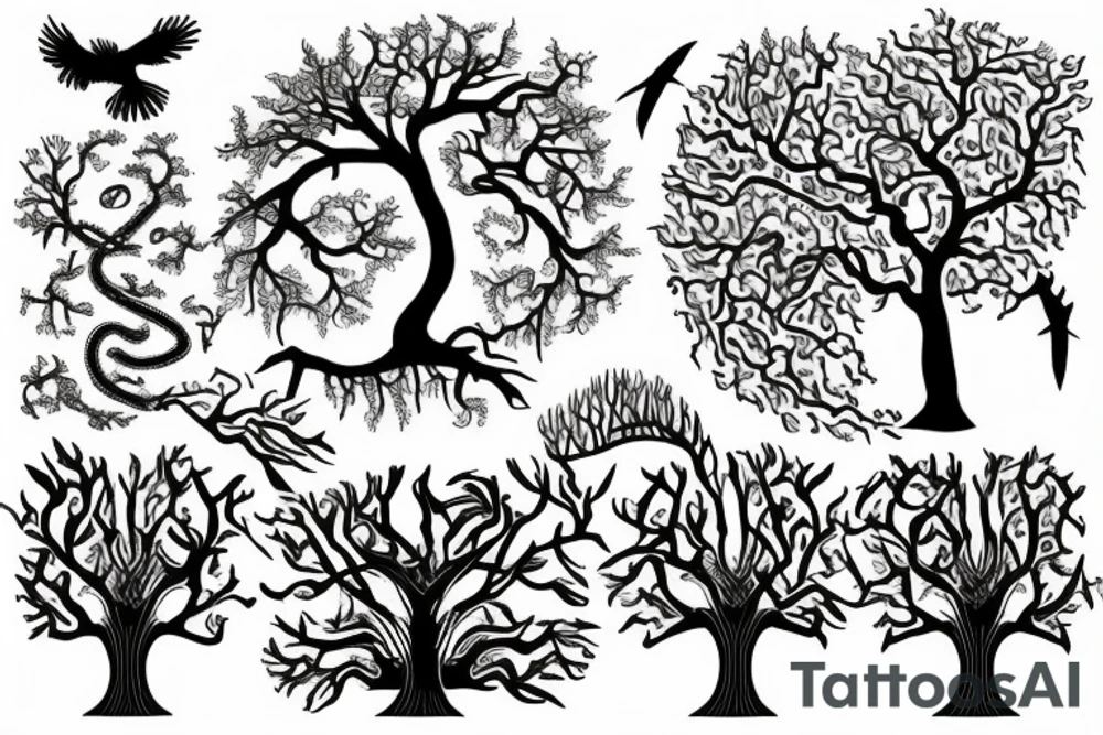 Tree of life surrounded by Snake and two crows tattoo idea