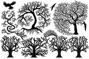 Tree of life surrounded by Snake and two crows tattoo idea