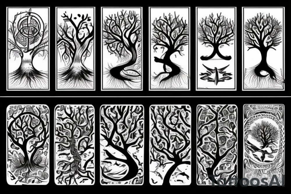 Tree of life surrounded by Snake and two crows tattoo idea