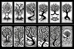 Tree of life surrounded by Snake and two crows tattoo idea