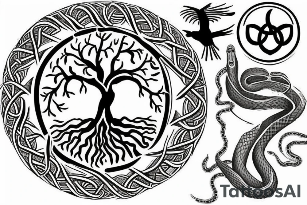 Tree of life surrounded by Snake and two crows tattoo idea Tree of life surrounded by Snake and two crows tattoo idea