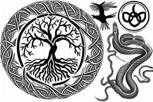 Tree of life surrounded by Snake and two crows tattoo idea