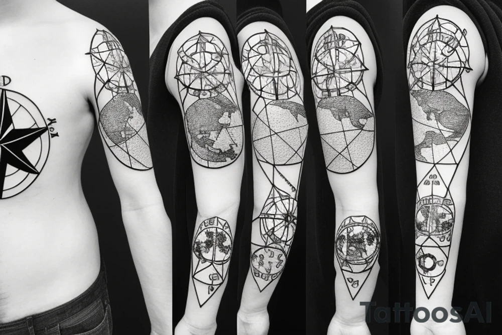 Compass rose over a thin line world map tattoo idea