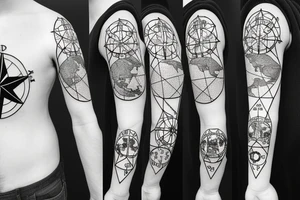 Compass rose over a thin line world map tattoo idea