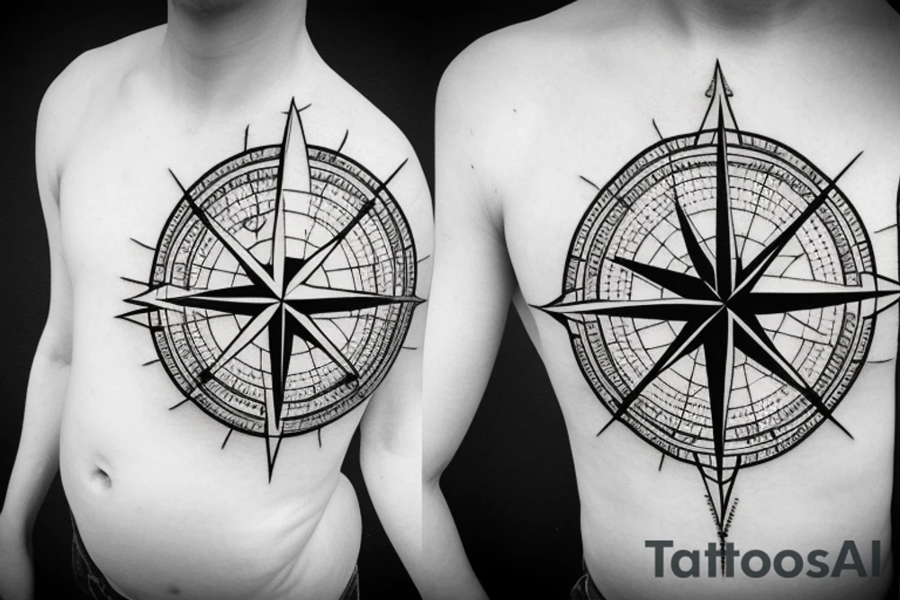 Compass rose over a thin line world map tattoo idea